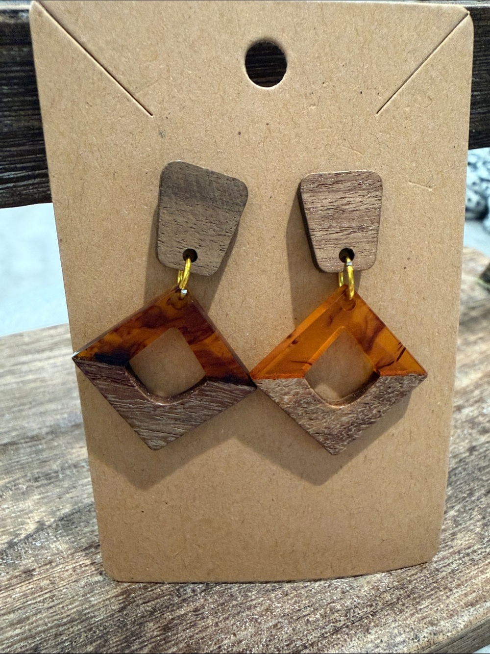 Amber Tortoise & Wood Geometric Drop Earrings - Women Jewelry Earrings